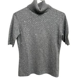 Pure Amici 100% Cashmere Sequin Turtleneck Sweater S Gray Short Sleeve Glam Vtg
